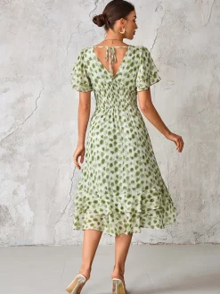 Jolie Moi Occasion Dresses|Animal Print Dresses-Frill Hem Chiffon Midi Dress, Green Animal