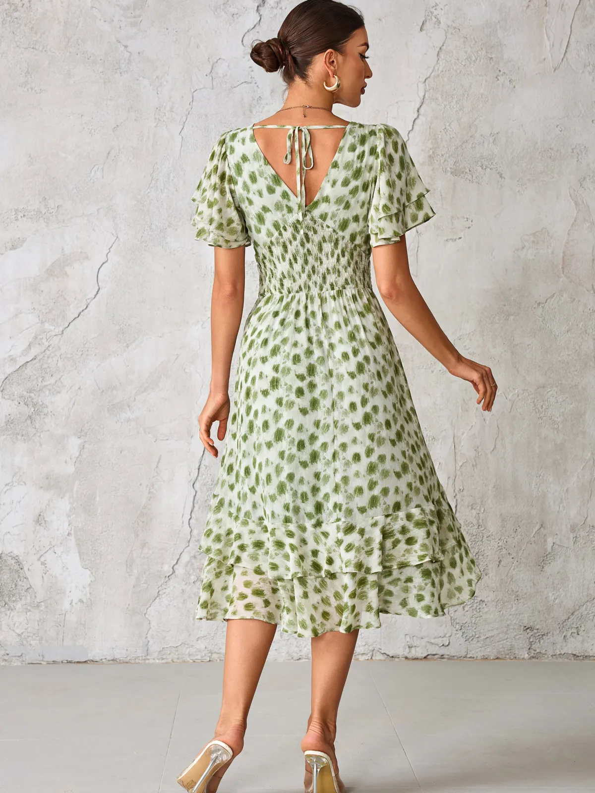 Jolie Moi Occasion Dresses|Animal Print Dresses-Frill Hem Chiffon Midi Dress, Green Animal