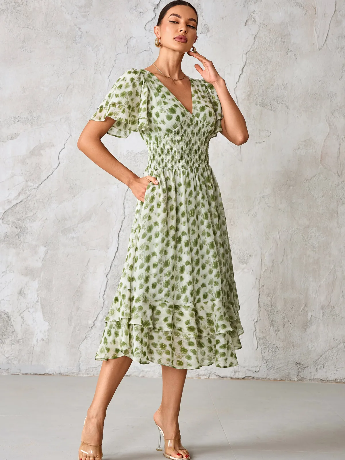 Jolie Moi Occasion Dresses|Animal Print Dresses-Frill Hem Chiffon Midi Dress, Green Animal