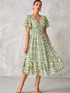 Jolie Moi Occasion Dresses|Animal Print Dresses-Frill Hem Chiffon Midi Dress, Green Animal