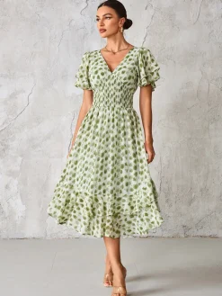 Jolie Moi Occasion Dresses|Animal Print Dresses-Frill Hem Chiffon Midi Dress, Green Animal