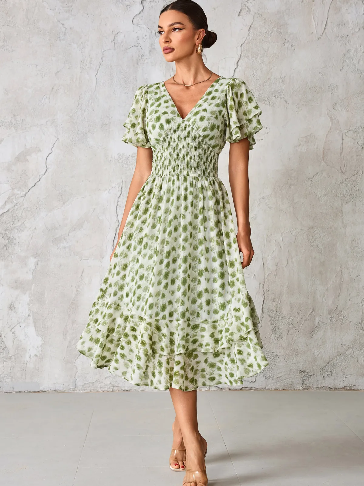 Jolie Moi Occasion Dresses|Animal Print Dresses-Frill Hem Chiffon Midi Dress, Green Animal