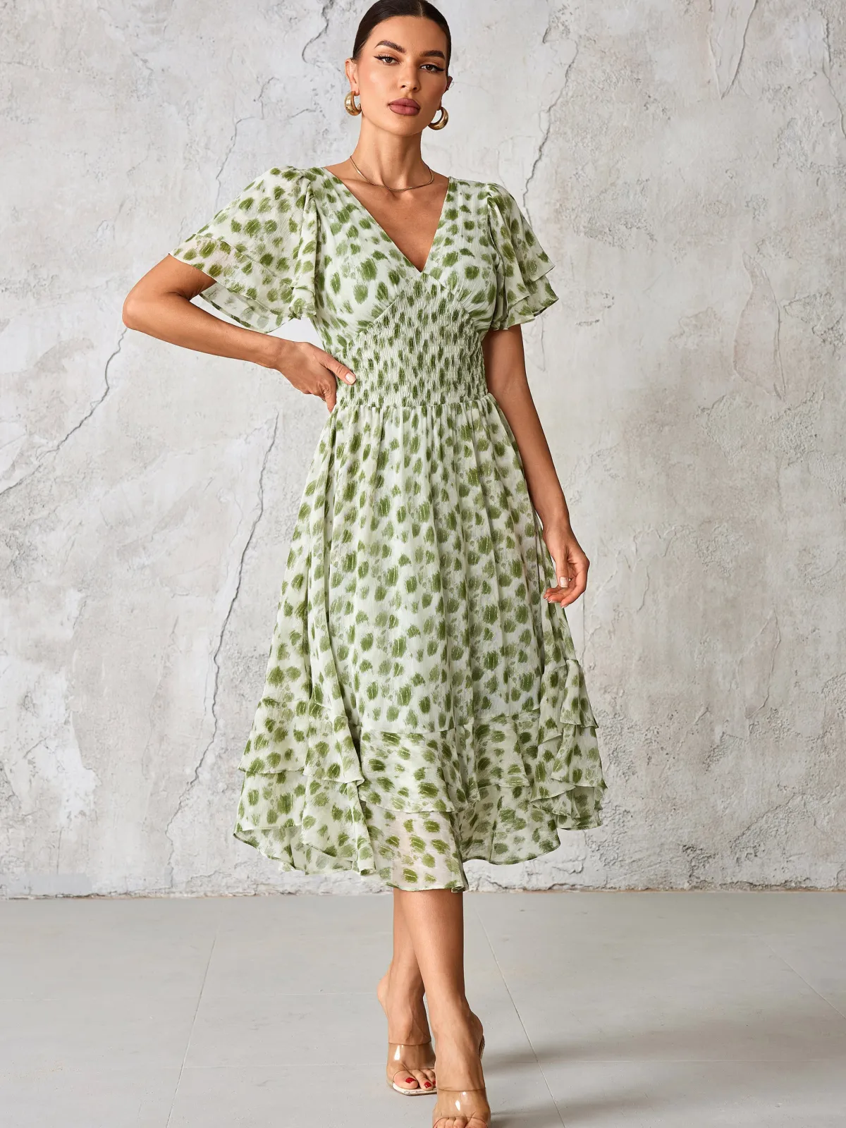 Jolie Moi Occasion Dresses|Animal Print Dresses-Frill Hem Chiffon Midi Dress, Green Animal
