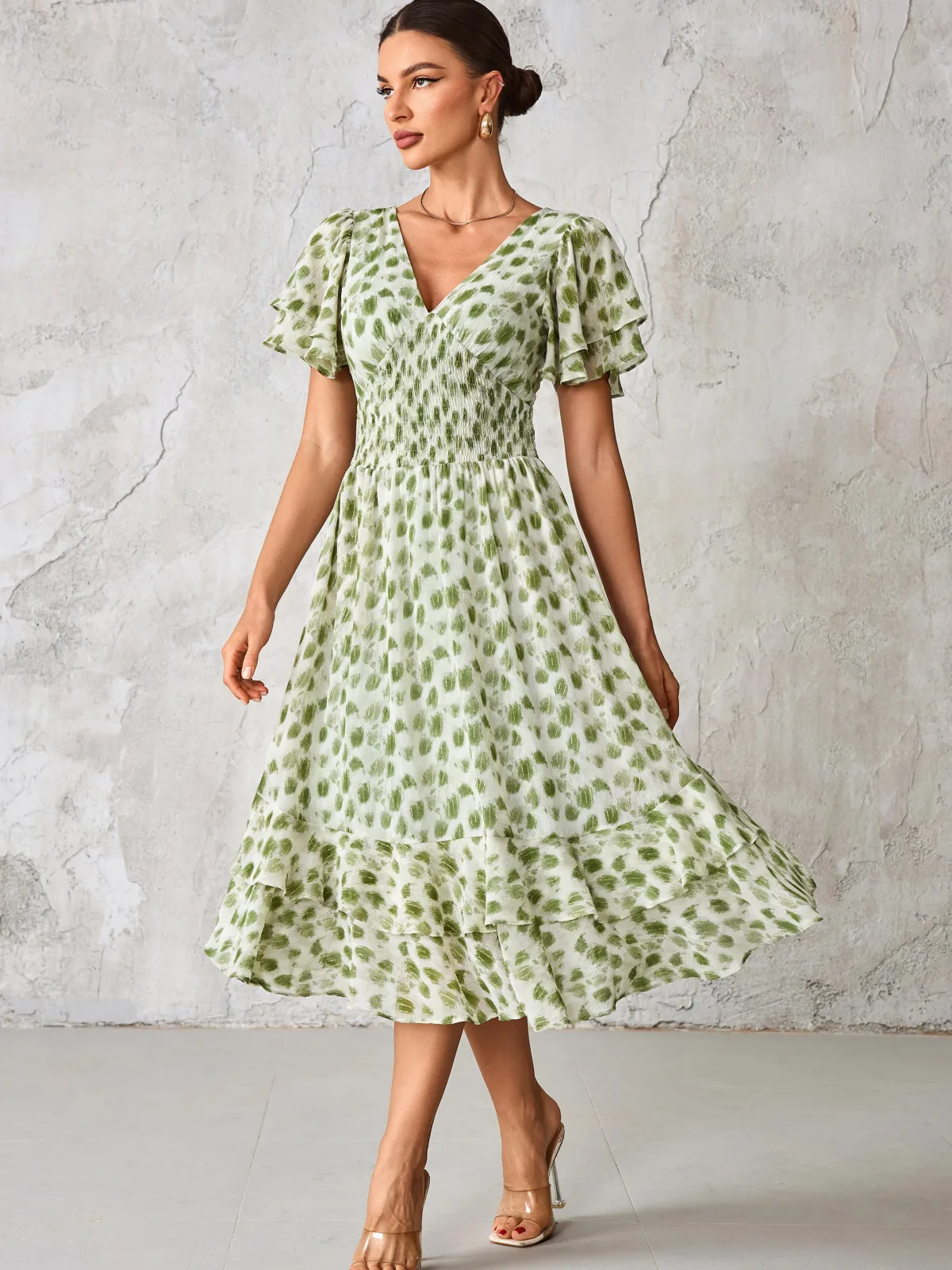 Jolie Moi Occasion Dresses|Animal Print Dresses-Frill Hem Chiffon Midi Dress, Green Animal