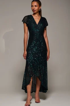 Jolie Moi Occasion Dresses|Mother Of The Bride-Frill Short Sleeve Sequin Maxi Dress, Black Green
