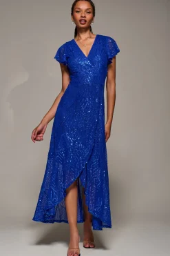 Jolie Moi Occasion Dresses|Mother Of The Bride-Frill Short Sleeve Sequin Maxi Dress, Royal Blue