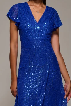 Jolie Moi Occasion Dresses|Mother Of The Bride-Frill Short Sleeve Sequin Maxi Dress, Royal Blue