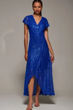 Jolie Moi Occasion Dresses|Mother Of The Bride-Frill Short Sleeve Sequin Maxi Dress, Royal Blue