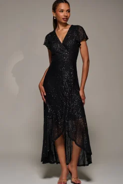 Jolie Moi Occasion Dresses|Mother Of The Bride-Frill Short Sleeve Sequin Maxi Dress, Satin Black