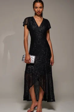 Jolie Moi Occasion Dresses|Mother Of The Bride-Frill Short Sleeve Sequin Maxi Dress, Satin Black