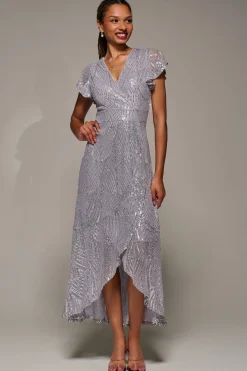 Jolie Moi Occasion Dresses|Mother Of The Bride-Frill Short Sleeve Sequin Maxi Dress, Silver Grey