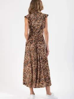 Jolie Moi Occasion Dresses|Sleeveless Dresses-Frill Shoulder Maxi Dress, Brown Animal