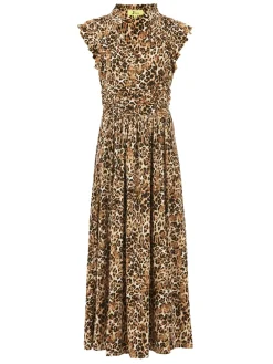 Jolie Moi Occasion Dresses|Sleeveless Dresses-Frill Shoulder Maxi Dress, Brown Animal