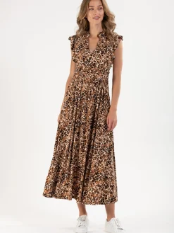 Jolie Moi Occasion Dresses|Sleeveless Dresses-Frill Shoulder Maxi Dress, Brown Animal