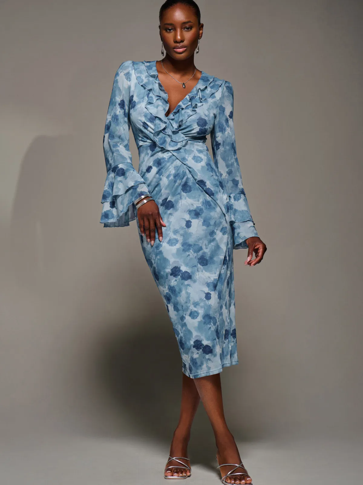 Jolie Moi Occasion Dresses|Floral Dresses-Frill Sleeve Pleated Wrap Midi Dress, Blue Floral