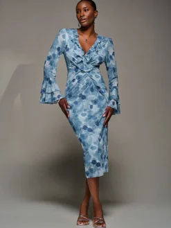 Jolie Moi Occasion Dresses|Floral Dresses-Frill Sleeve Pleated Wrap Midi Dress, Blue Floral