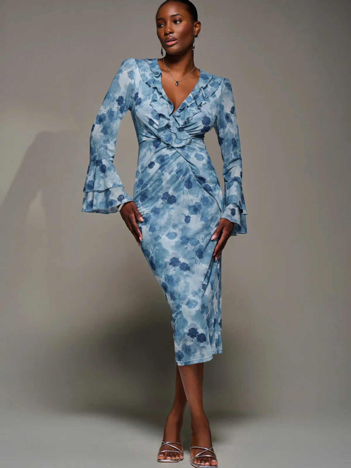 Jolie Moi Occasion Dresses|Floral Dresses-Frill Sleeve Pleated Wrap Midi Dress, Blue Floral