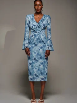 Jolie Moi Occasion Dresses|Floral Dresses-Frill Sleeve Pleated Wrap Midi Dress, Blue Floral