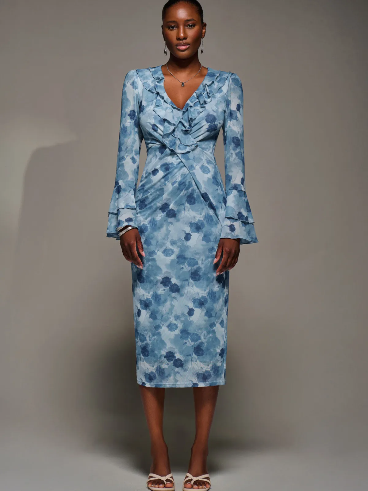 Jolie Moi Occasion Dresses|Floral Dresses-Frill Sleeve Pleated Wrap Midi Dress, Blue Floral