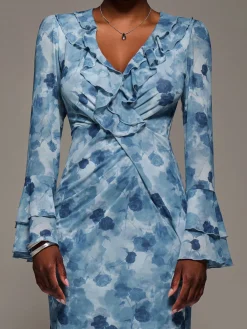 Jolie Moi Occasion Dresses|Floral Dresses-Frill Sleeve Pleated Wrap Midi Dress, Blue Floral