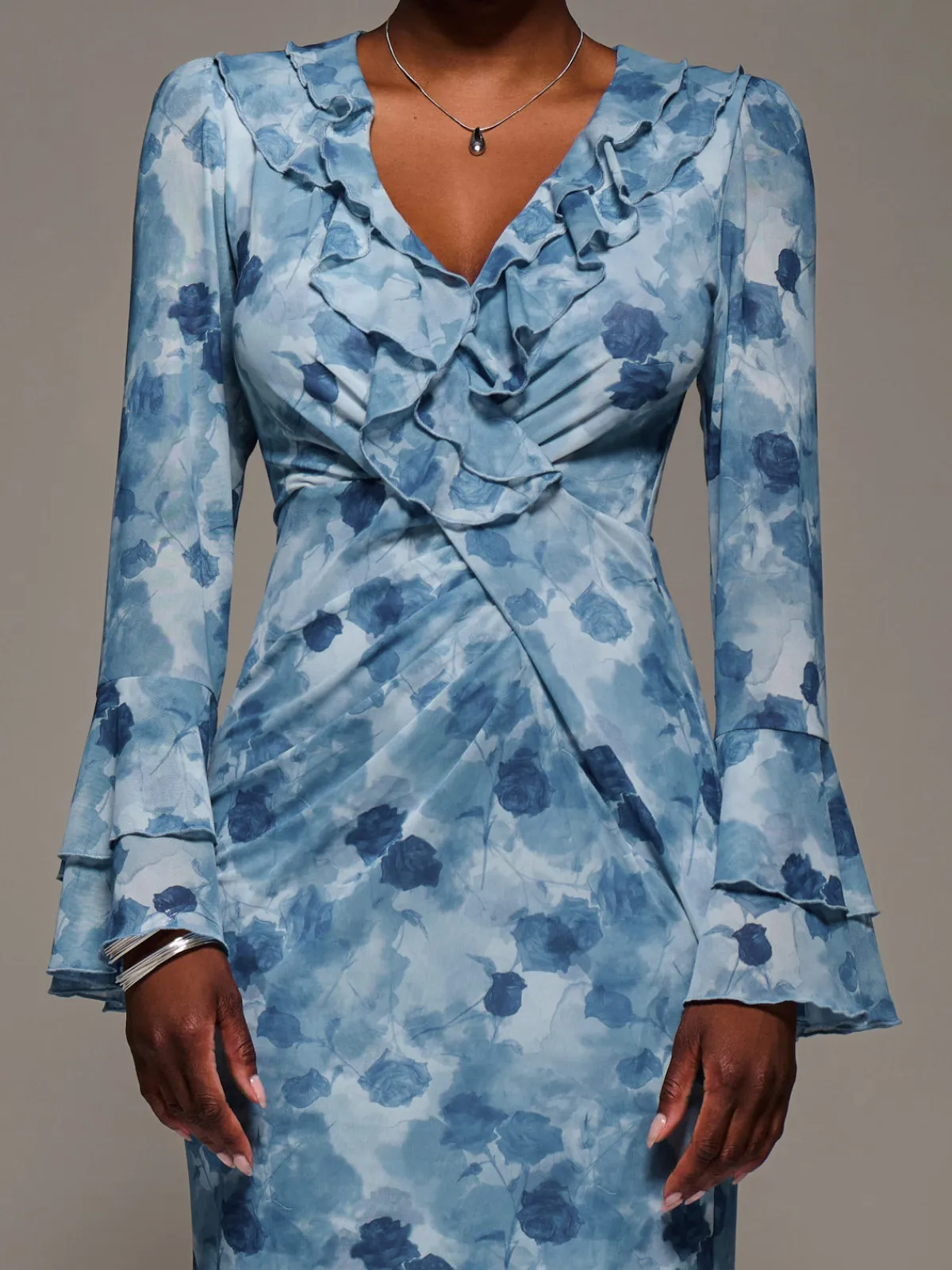 Jolie Moi Occasion Dresses|Floral Dresses-Frill Sleeve Pleated Wrap Midi Dress, Blue Floral