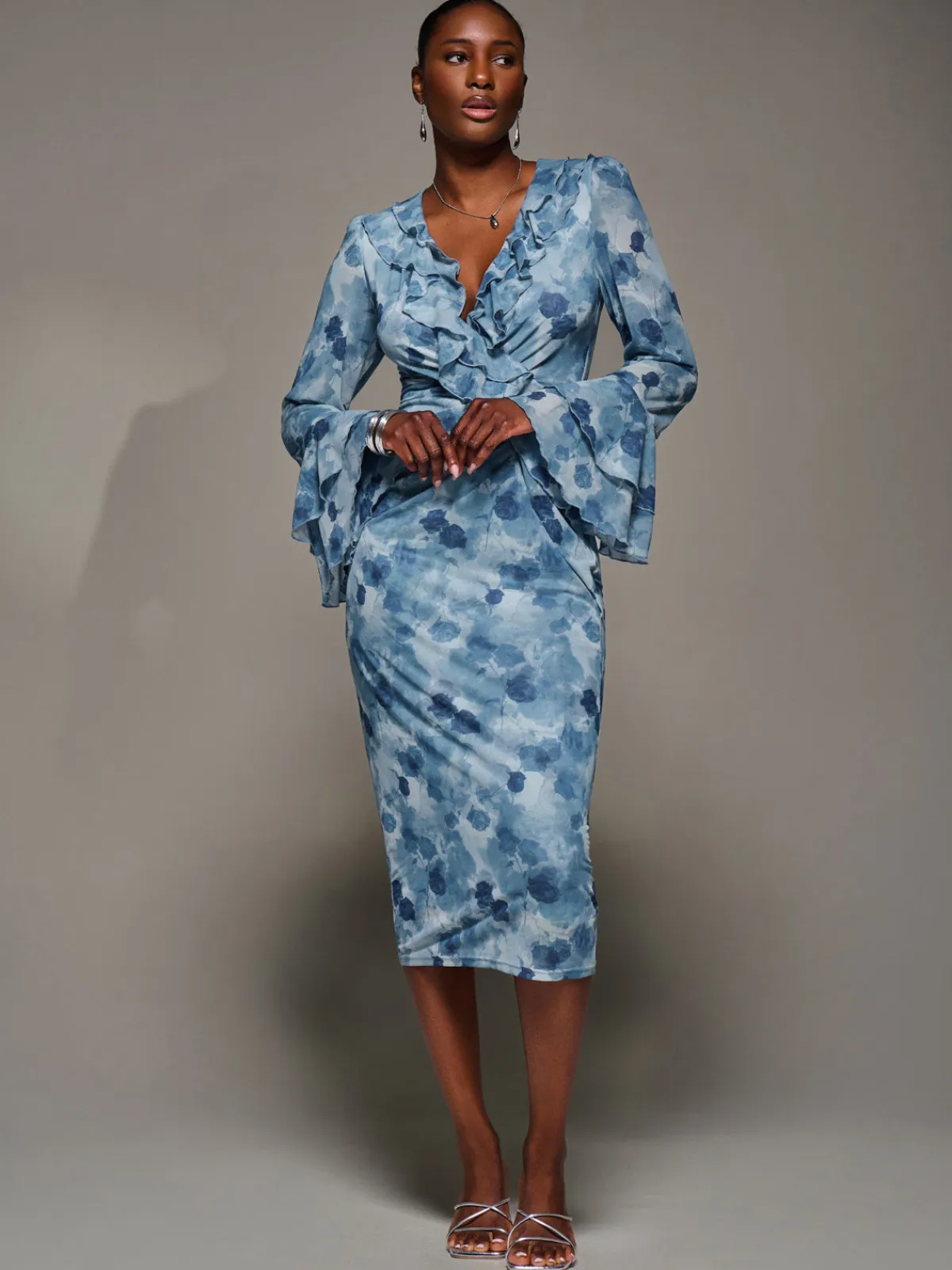 Jolie Moi Occasion Dresses|Floral Dresses-Frill Sleeve Pleated Wrap Midi Dress, Blue Floral