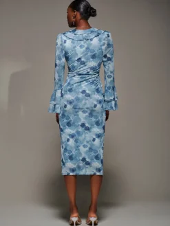 Jolie Moi Occasion Dresses|Floral Dresses-Frill Sleeve Pleated Wrap Midi Dress, Blue Floral