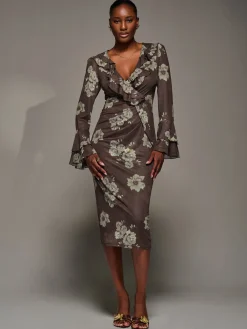 Jolie Moi Occasion Dresses|Floral Dresses-Frill Sleeve Pleated Wrap Midi Dress, Brown Floral