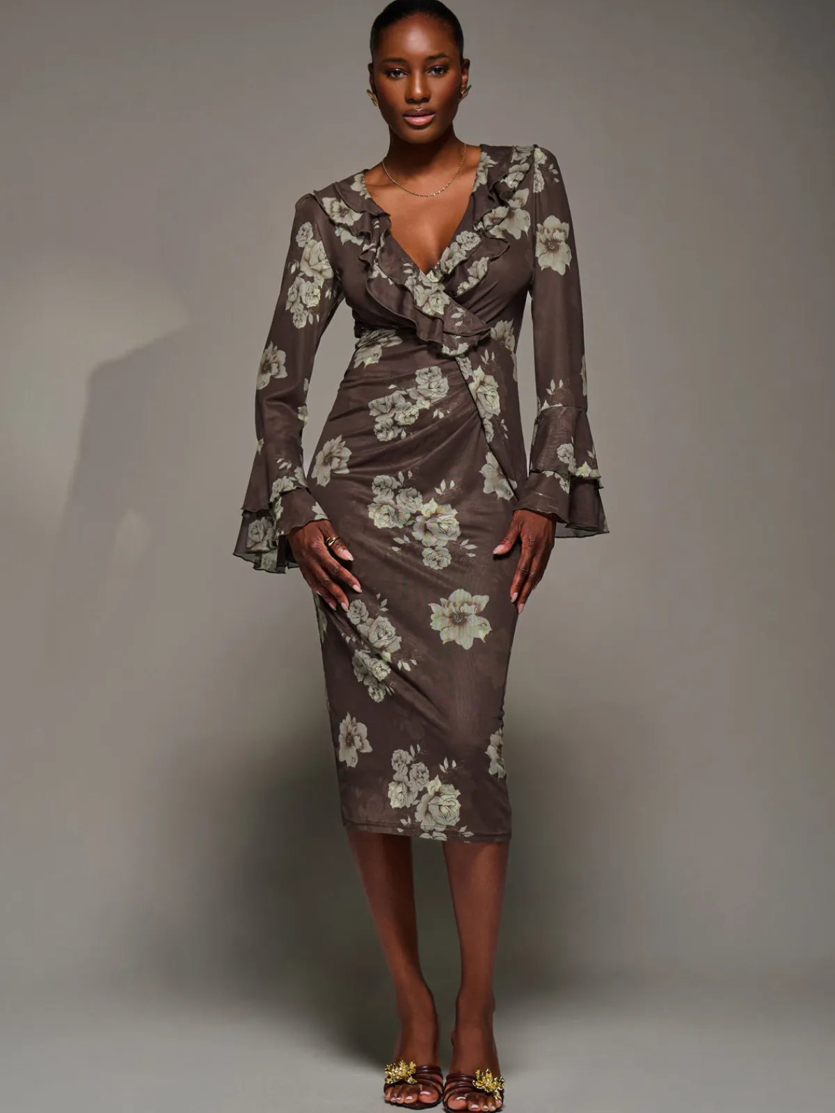 Jolie Moi Occasion Dresses|Floral Dresses-Frill Sleeve Pleated Wrap Midi Dress, Brown Floral