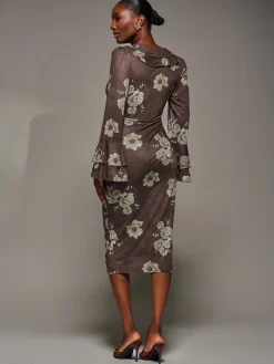 Jolie Moi Occasion Dresses|Floral Dresses-Frill Sleeve Pleated Wrap Midi Dress, Brown Floral
