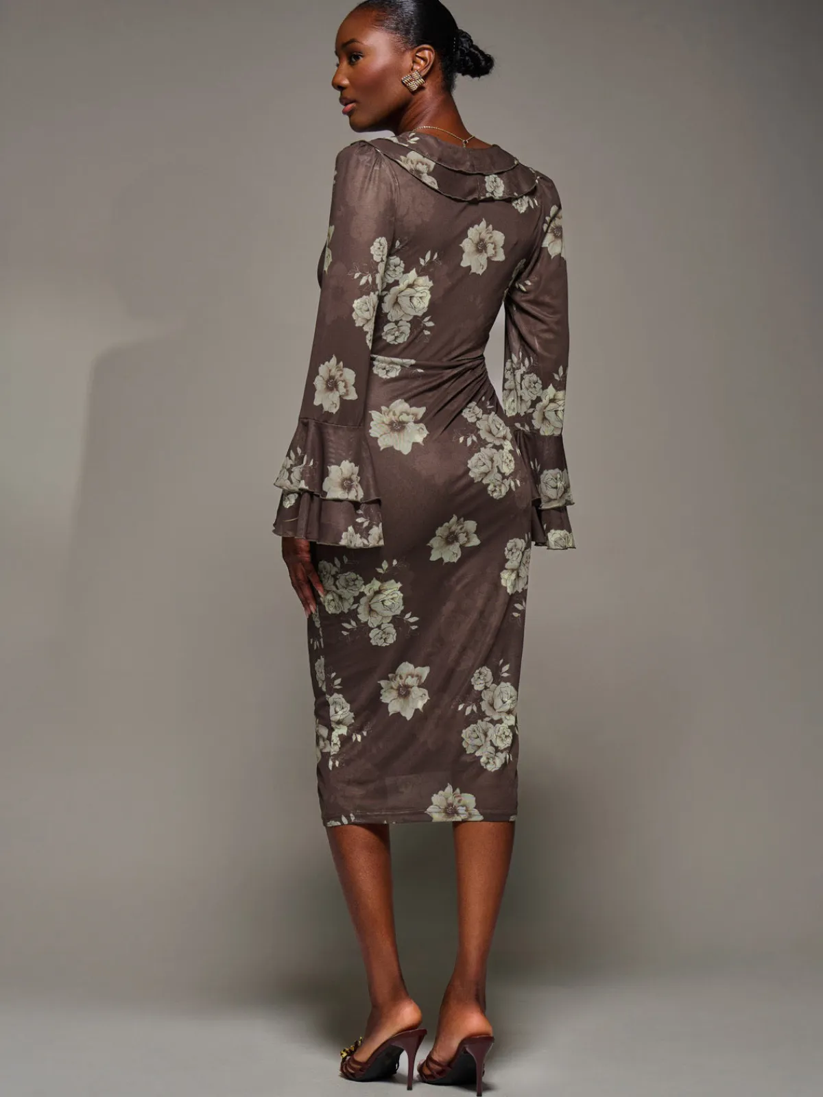 Jolie Moi Occasion Dresses|Floral Dresses-Frill Sleeve Pleated Wrap Midi Dress, Brown Floral