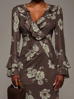 Jolie Moi Occasion Dresses|Floral Dresses-Frill Sleeve Pleated Wrap Midi Dress, Brown Floral