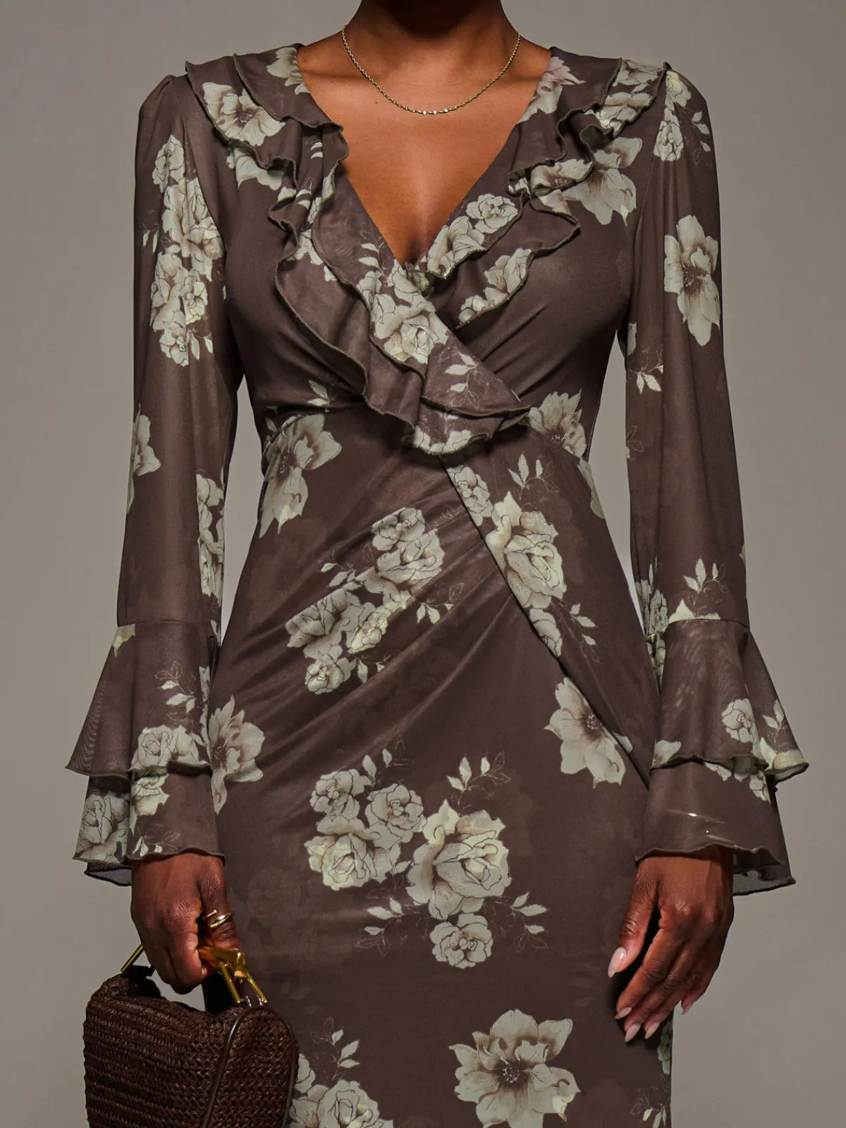 Jolie Moi Occasion Dresses|Floral Dresses-Frill Sleeve Pleated Wrap Midi Dress, Brown Floral