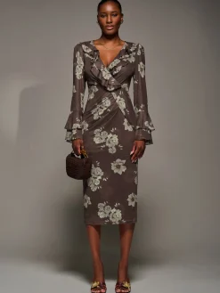 Jolie Moi Occasion Dresses|Floral Dresses-Frill Sleeve Pleated Wrap Midi Dress, Brown Floral