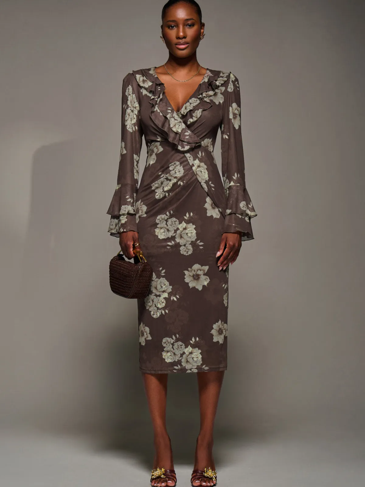 Jolie Moi Occasion Dresses|Floral Dresses-Frill Sleeve Pleated Wrap Midi Dress, Brown Floral