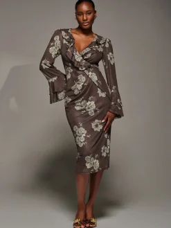 Jolie Moi Occasion Dresses|Floral Dresses-Frill Sleeve Pleated Wrap Midi Dress, Brown Floral