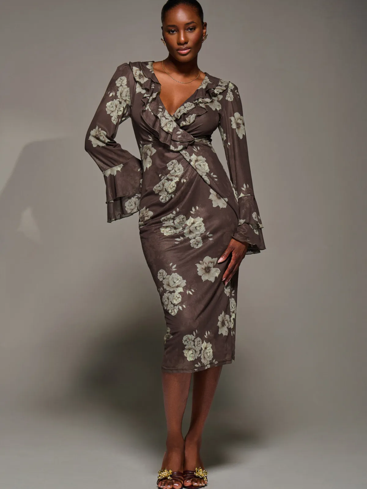 Jolie Moi Occasion Dresses|Floral Dresses-Frill Sleeve Pleated Wrap Midi Dress, Brown Floral
