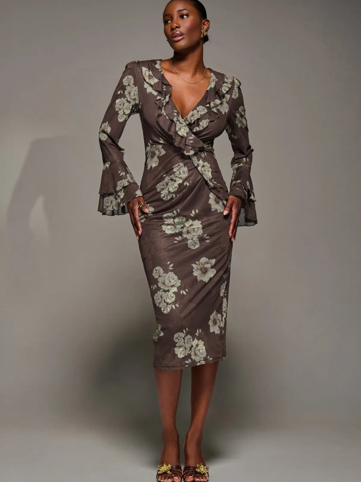 Jolie Moi Occasion Dresses|Floral Dresses-Frill Sleeve Pleated Wrap Midi Dress, Brown Floral