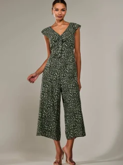 Jolie Moi Sleeveless Dresses|Jumpsuits-Frill Tie-front Jumpsuit, Green Leopard