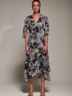 Jolie Moi Occasion Dresses|Maxi Dresses-Frill Trim Mesh Maxi Dress, Black Abstract