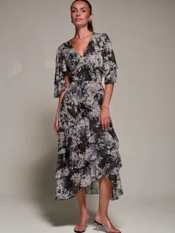 Jolie Moi Occasion Dresses|Maxi Dresses-Frill Trim Mesh Maxi Dress, Black Abstract