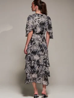 Jolie Moi Occasion Dresses|Maxi Dresses-Frill Trim Mesh Maxi Dress, Black Abstract