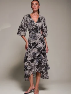Jolie Moi Occasion Dresses|Maxi Dresses-Frill Trim Mesh Maxi Dress, Black Abstract