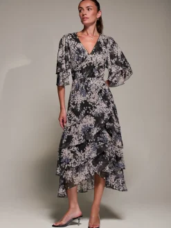 Jolie Moi Occasion Dresses|Maxi Dresses-Frill Trim Mesh Maxi Dress, Black Abstract