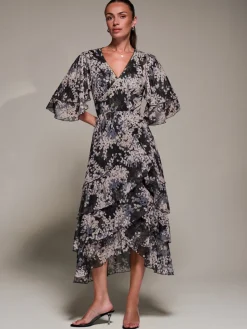 Jolie Moi Occasion Dresses|Maxi Dresses-Frill Trim Mesh Maxi Dress, Black Abstract
