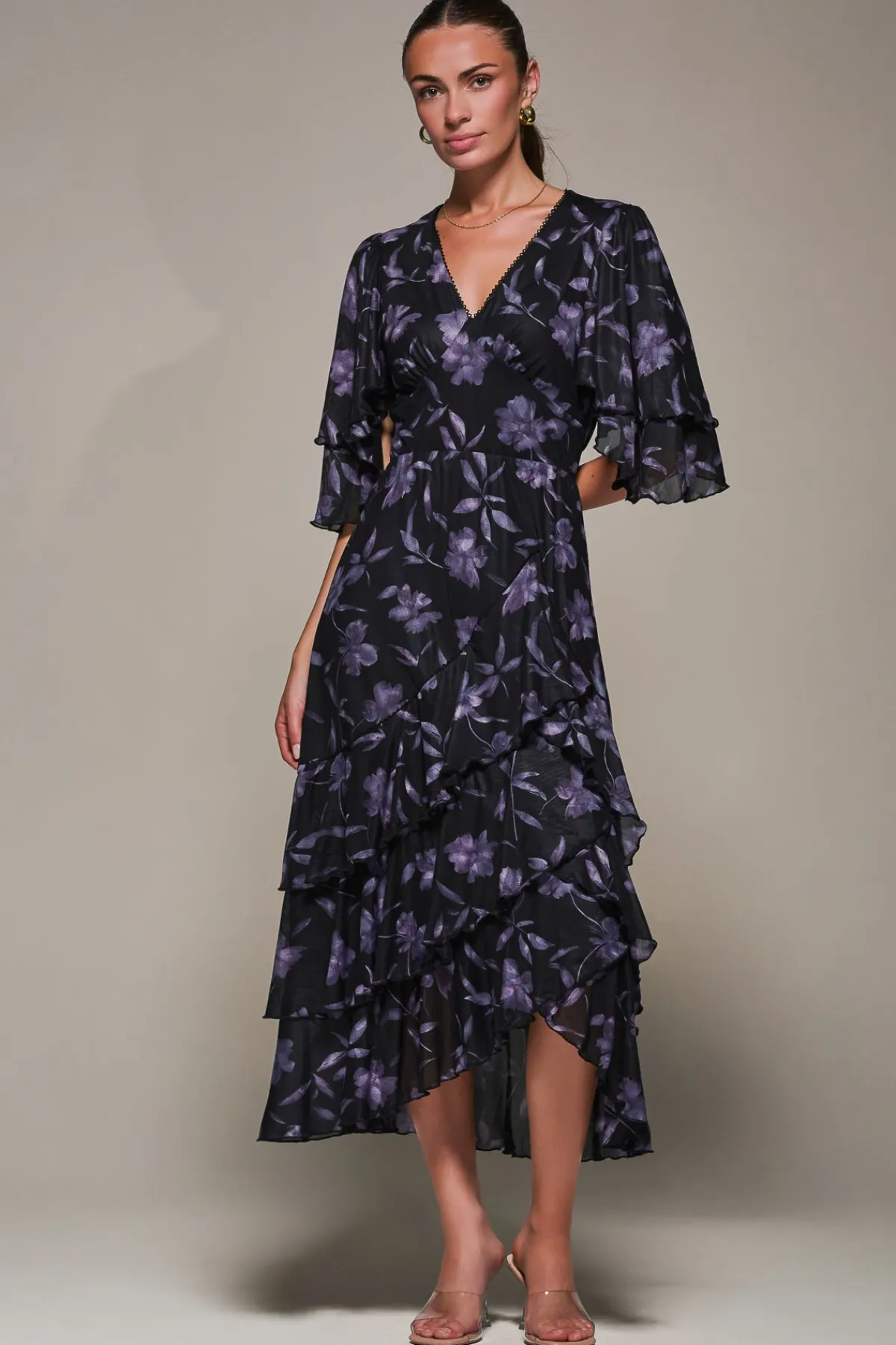 Jolie Moi Occasion Dresses-Frill Trim Mesh Maxi Dress, Purple Floral