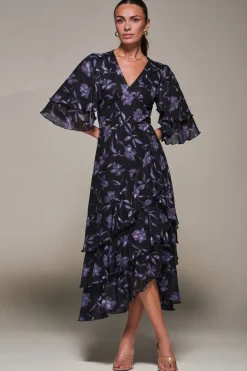 Jolie Moi Occasion Dresses-Frill Trim Mesh Maxi Dress, Purple Floral