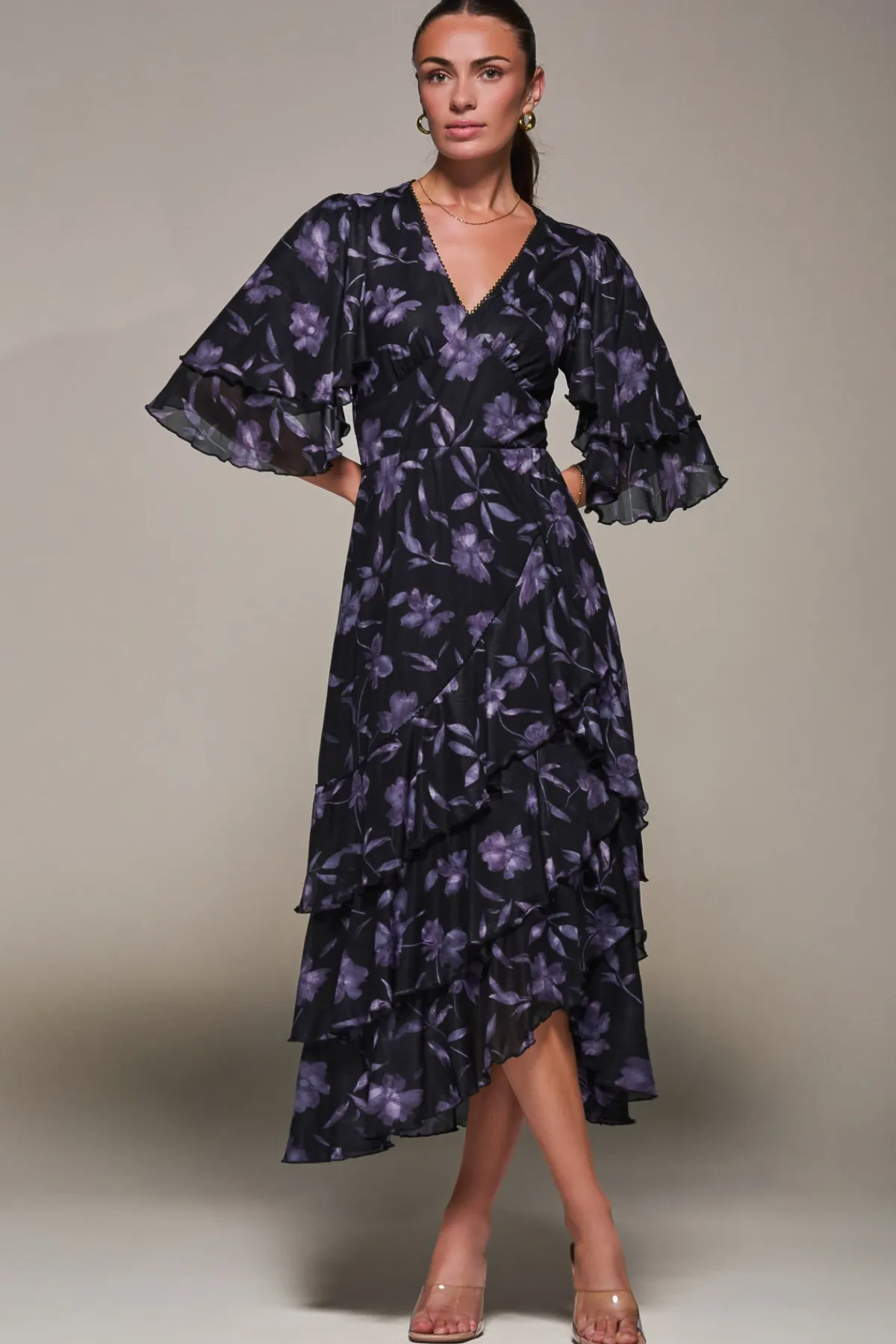 Jolie Moi Occasion Dresses-Frill Trim Mesh Maxi Dress, Purple Floral