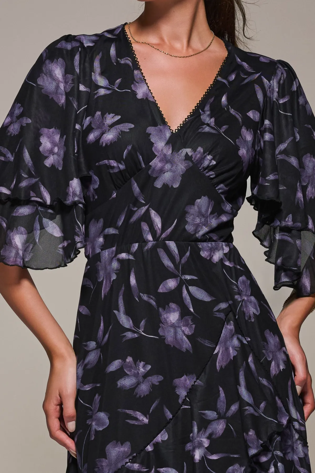 Jolie Moi Occasion Dresses-Frill Trim Mesh Maxi Dress, Purple Floral