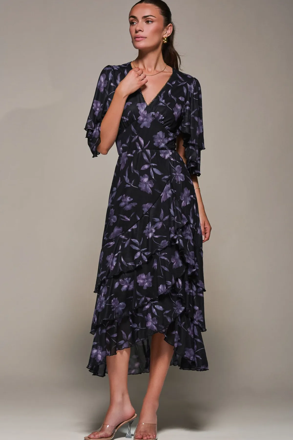 Jolie Moi Occasion Dresses-Frill Trim Mesh Maxi Dress, Purple Floral